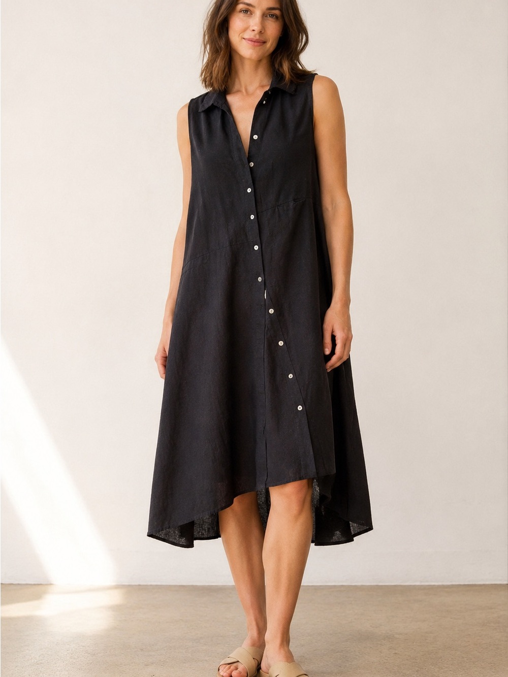 Cynthia Black Linen Blend Asymmetrical Shirt Dress L